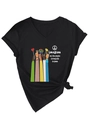 Detail eines V-Ausschnitt T-Shirts mit Friedensillustration auf schwarzem Stoff - S / Schwarz (Weiße Grafik)