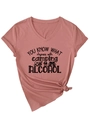 Detail of V-neck T-shirt in dusty rose featuring camping and alcohol graphic and side knot - Rose Gold (Black Font)