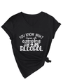 Detail of V-neck black T-shirt with camping and alcohol humor graphic and knot detail - Black (White Font)
