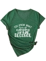Green V-neck T-shirt with white camping and alcohol graphic print and tied hem detail - Vintage Green (White Font)