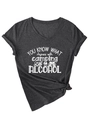 Detail of V-neck T-shirt showing heathered charcoal fabric and camping alcohol print - Heater Grey (White Font)