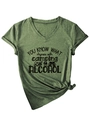 Detail of V-neck dark green camping t-shirt with campfire and alcohol quote print - Olive Green (Black Font)