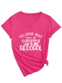 Detail of V-neck pink t-shirt with camping alcohol quote and tied knot waist design - Rose Red (White Font)