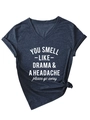 Nahaufnahme von V-Ausschnitt T-Shirt mit Rollärmeln und seitlichem Knotendetail - S / Marineblau (Weiße Schrift)