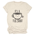 Close-up of beige tea shirt with a smiling teacup graphic and creative wordplay text - S / Sand (Black Font)