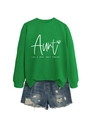 Flat lay of green 'Aunt Like A Mom' sweatshirt with distressed blue denim shorts set - S / Grass Green (White Font)