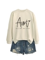 Detail of beige crewneck sweatshirt with Aunt print and side slit hem design - Sand (Black Font)
