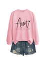 Pink crewneck sweatshirt with Aunt Like A Mom print and distressed denim shorts set - Pink (Black Font)