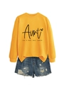 Flat lay of yellow long-sleeve sweatshirt with Aunt Like A Mom print and denim shorts - Yellow (Black Font)