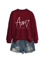Close-up of burgundy crewneck sweatshirt with Aunt Like A Mom print and distressed denim - Wine Red (White Font)