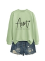 Detail of mint green sweatshirt with Aunt Like A Mom print and distressed denim shorts - Olive Green (Black Font)