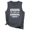 Detail of grey tank top showing 'WARNING' text print and stylish front hem knot design - Dark Grey (White Graphic)