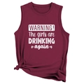 Detail of burgundy tank top with WARNING the girls are DRINKING again print and hem knot - Wine Red (White Graphic)