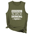 Detail of army green tank top featuring white Warning The Girls slogan and side knot - Army Green (White Graphic)