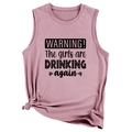 Detail of dusty rose tank top with Warning the Girls are Drinking slogan and side knot - Rose Gold (Black Graphic)