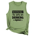 Detail of sage green tank top with black text print and stylish front knot design - Olive Green (Black Graphic)