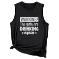 Detail of a black sleeveless tank top featuring a front knot and bold slogan print - Black (White Graphic)