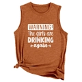 Brick red sleeveless tank top with Warning the Girls text and side knot detail - Burnt Orange (White Graphic)