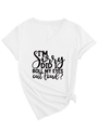 Detail of white V-neck T-shirt with I'M SORRY slogan and decorative side knot at the hem - S / White (Black Font)