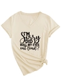 Detail of V-neck beige t-shirt featuring I'M SORRY DID I ROLL MY EYES graphic and side knot - S / Sand (Black Font)