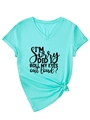 Detail of light blue V-neck t-shirt with knotted hem and funny slogan print - S / Deep Water Blue (Black Font)