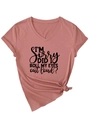 Detail of pink V-neck T-shirt showing 'I'M SORRY' print and side knot design - Rose Gold (Black Font)
