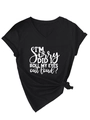 Close-up of black V-neck T-shirt with I'M SORRY white slogan print and stylish side knot - Black (White Letters)