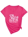 Detail of rose red V-neck T-shirt with white slogan print and stylish knotted hem - Rose Red (White Font)