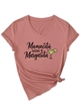Detail of V-neck T-shirt in dusky pink with Mamacita Needs a Margarita print and tied hem - S / Black Printed / Rose Gold