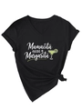 Detail of V-neck T-shirt showing Mamacita needs a Margarita print and side-tied hem - S / White Floral Print / Black