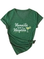 Detail of V-neck dark green T-shirt with Mamacita print and stylish front knot design - S / White Floral Print / Vintage Green