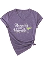 Detail of V-neck heather purple T-shirt with Mamacita needs a Margarita print and knot hem - S / White Floral Print / Purple