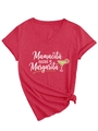 Close-up of red V-neck T-shirt with Mamacita Needs A Margarita print and knotted hem - S / White Floral Print / Red