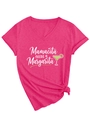 Close-up of rose red V-neck T-shirt featuring Mamacita needs a Margarita print and waist knot - S / White Floral Print / Rose Red