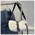 Detail of white nylon crossbody bag featuring green ink painting and black drawstring - Green