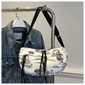 Detail of white nylon crossbody bag with ink landscape print and pleated texture - Black