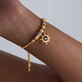 Verstellbares 18k vergoldetes Perlenarmband mit sonnenförmigem Evil Eye Anhänger für Damen - Sonnenstrahlung Schwarz Stil (E454-Schwarz Tropf Gold)