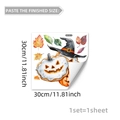 Detail of 30x30cm Halloween window sticker featuring cartoon pumpkin with wizard hat and leaves - Hand-painted Pumpkin Maple Leaf Style (D20120) / 30cm x 30cm