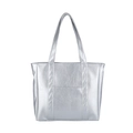 Metalen zilveren tote bag met leertextuur en lange schouderbanden op witte basis - Zilver