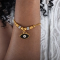 Goldenes Box-Kettenarmband mit Evil Eye Anhänger und feinen Perlen am Handgelenk - Wimpernauge Schwarz Stil (E457-Schwarz Tropf Gold)