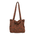 Brown corduroy tote bag with embroidered red strawberries for daily commute - Brown