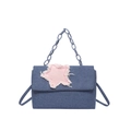 Blue denim crossbody bag with pink star patch and chunky chain handle in a frontal view - Dark Blue