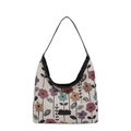 Modische Canvas-Schultertasche mit Blumenmuster und schwarzen Lederriemen für Damen - Schwarz