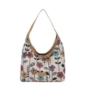 Gewebte Canvas-Einkaufstasche mit Blumenmuster und braunen Lederriemen für Damen - Khaki