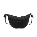 Minimalist black leather croissant bag with stitched panels and knotted shoulder strap - Black