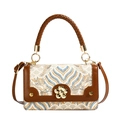 Vintage crossbody tas van blauwe jacquard stof met geweven bruin lederen handvat - Blauw Wolkenpatroon Stijl / Khaki & Bruin