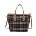 Women's plaid bucket bag with dog embroidery and brown leather straps on white background - Brown & Blue Dachshund