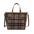 Fashionable plaid bucket bag with cute dachshund embroidery and brown leather straps - Gray Background Color Stripe Dog
