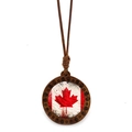 Detail of round wooden necklace with Canada flag maple leaf under a glass dome pendant - Highlight Glossy Glass Dome Style (JY009151-12)