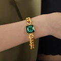 Gold-plated Cuban chain bracelet with a square emerald-green crystal centerpiece - Gold Green Crystal Bracelet (18+3cm)